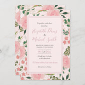 ピンクの水彩ローズ ゴールドアウトライン デザイン 招待状 (正面/裏面)