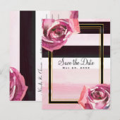 ピンクの水彩ローズ ブラック ホワイト セーブ・ザ・デート 案内ポストカード (正面/裏面)