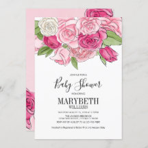 ピンクの水彩ローズ ベビーシャワー 招待状