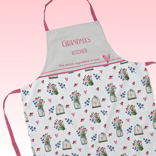 ピンクの水彩ワイルドフラワーハートクリシェ模様 エプロン