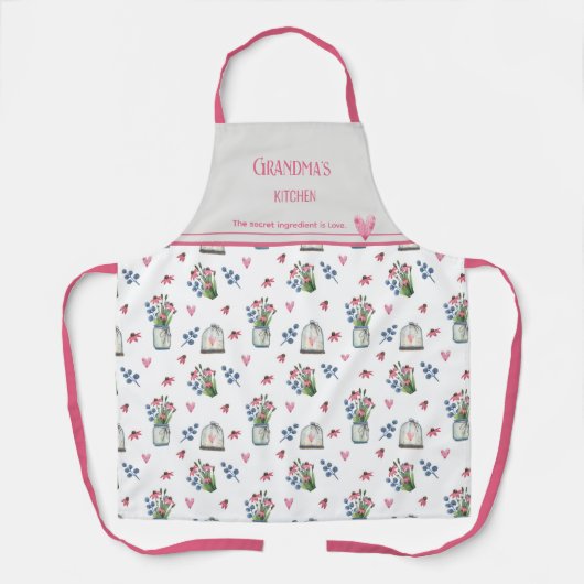 ピンクの水彩ワイルドフラワーハートクリシェ模様 エプロン (正面)