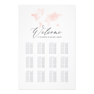 ピンクの水彩世界地図結婚のシーティングプラン フォトプリント           