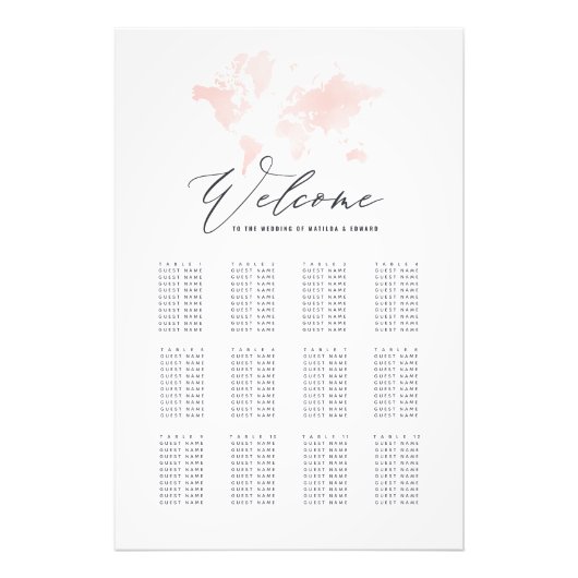 ピンクの水彩世界地図結婚のシーティングプラン フォトプリント (正面)