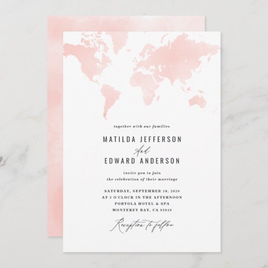 ピンクの水彩世界地図結婚の旅行 (正面/裏面)
