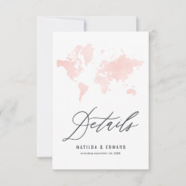 ピンクの水彩世界地図結婚の詳細 出欠カード