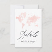ピンクの水彩世界地図結婚の詳細 出欠カード (正面)