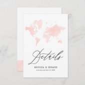 ピンクの水彩世界地図結婚の詳細 出欠カード (正面/裏面)