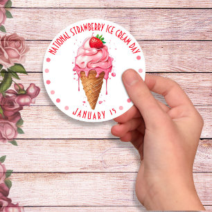 ピンクの水彩全国いちごアイスクリームの日 ラウンドシール