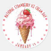 ピンクの水彩全国いちごアイスクリームの日 ラウンドシール (正面)