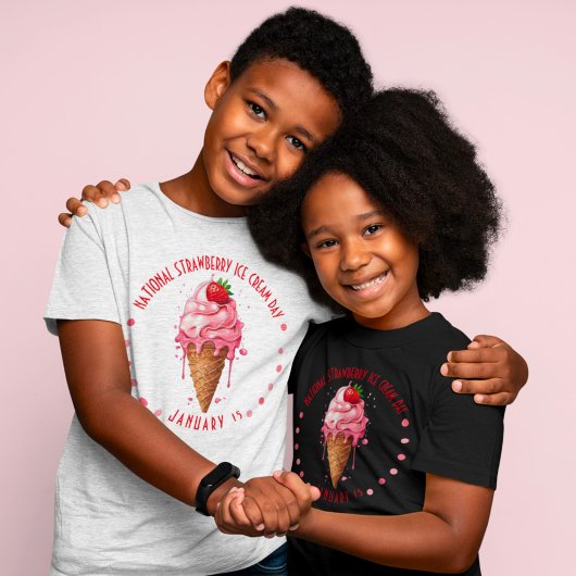 ピンクの水彩全国いちごアイスクリームの日 Tシャツ