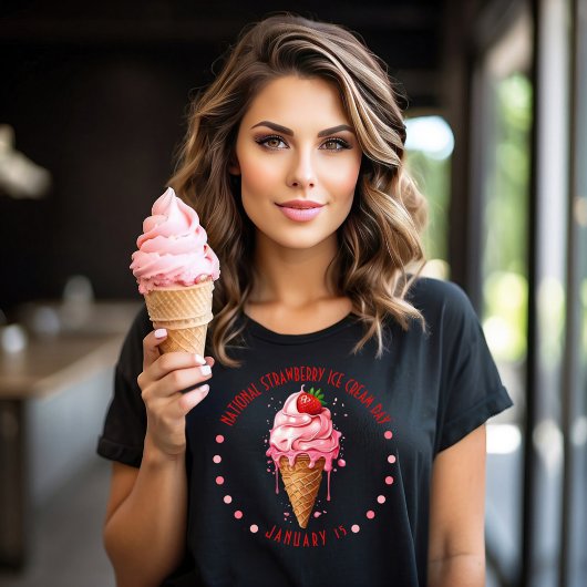 ピンクの水彩全国いちごアイスクリームの日 Tシャツ