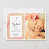 ピンクの水彩写真ガール誕生のお知らせ 案内状 (正面)