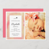 ピンクの水彩写真ガール誕生のお知らせ 案内状 (正面/裏面)