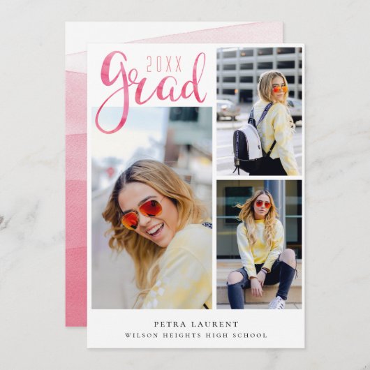 ピンクの水彩写真コラージュ卒業 案内状 (正面/裏面)