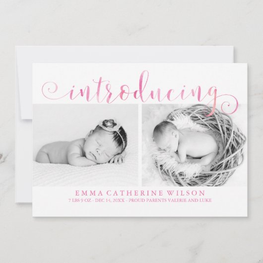 ピンクの水彩写真ベビーのお知らせ 案内状 (正面)