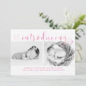 ピンクの水彩写真ベビーのお知らせ 案内状 (スタンド正面)