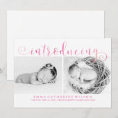 ピンクの水彩写真ベビーのお知らせ 案内状 (正面/裏面)