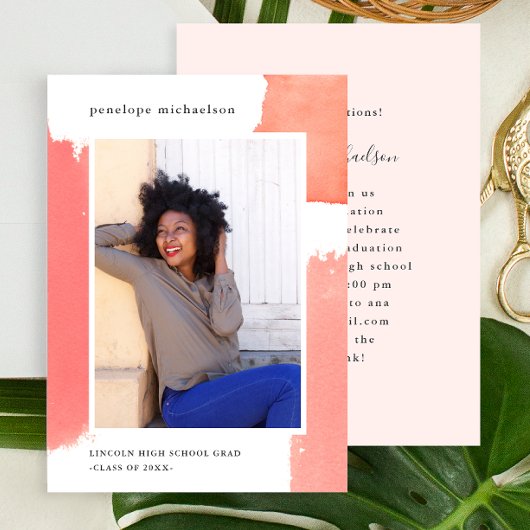 ピンクの水彩卒業パーティーの写真 招待状