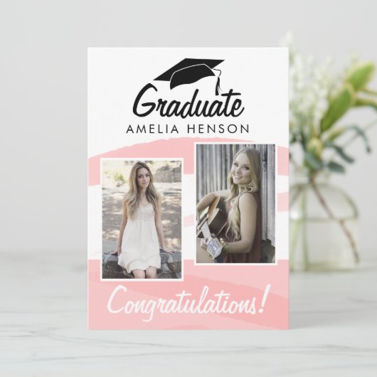 ピンクの水彩卒業生おめでとう2写真 カード (スタンド正面)