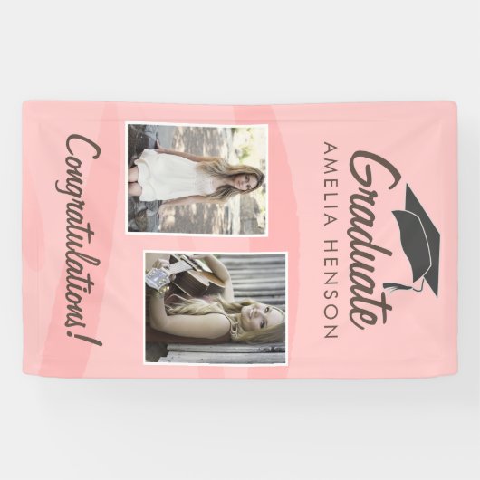 ピンクの水彩卒業生おめでとう2写真 横断幕 (横)