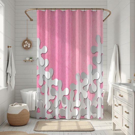 ピンクの水彩及び白い花 シャワーカーテン