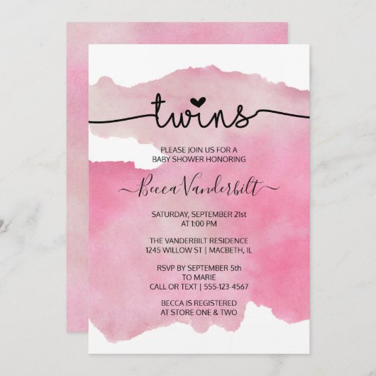 ピンクの水彩双子のベビーシャワー 招待状 (正面/裏面)