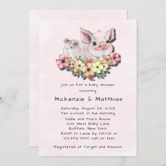 ピンクの水彩可愛い豚ガール赤ちゃんシャワー 招待状 (正面/裏面)