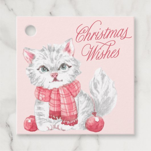 ピンクの水彩子猫クリスマスの挨拶 フェイバータグ (正面)