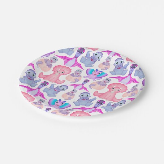 ピンクの水彩恐竜誕生日ベビーシャワー ペーパープレート (アングル)