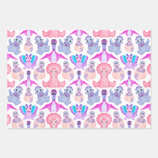 ピンクの水彩恐竜誕生日ベビーシャワー ラッピングペーパーシート (正面3)