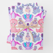 ピンクの水彩恐竜誕生日ベビーシャワー ラッピングペーパーシート (インサイチュ)