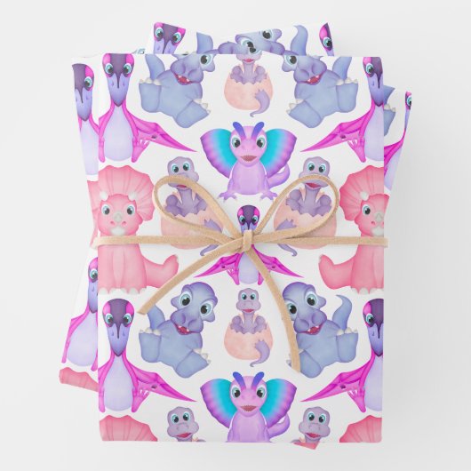 ピンクの水彩恐竜誕生日ベビーシャワー ラッピングペーパーシート (インサイチュ)