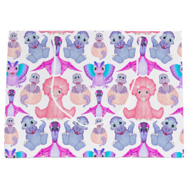 ピンクの水彩恐竜誕生日ベビーシャワー ラージペーパーバッグ