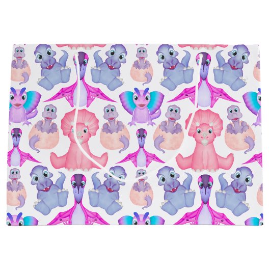 ピンクの水彩恐竜誕生日ベビーシャワー ラージペーパーバッグ (正面)