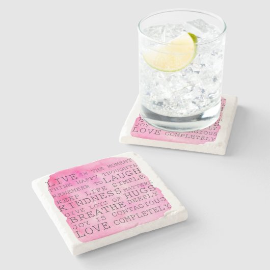 ピンクの水彩感動的引用文 ストーンコースター (横)