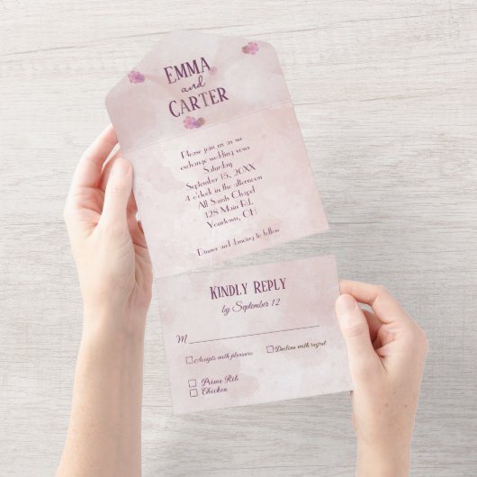 ピンクの水彩抽象 オールインワン招待状 (貼ってはがせる)