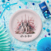 ピンクの水彩教会結婚教会 ペーパープレート (パーティー)