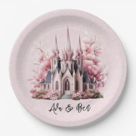 ピンクの水彩教会結婚教会 ペーパープレート