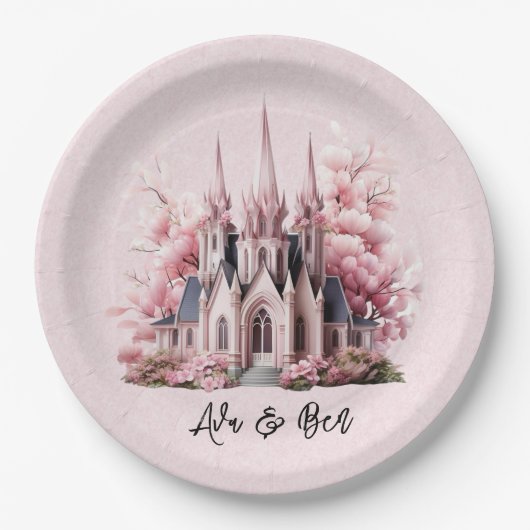 ピンクの水彩教会結婚教会 ペーパープレート (正面)