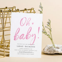 ピンクの水彩書道ベビーシャワー招待状