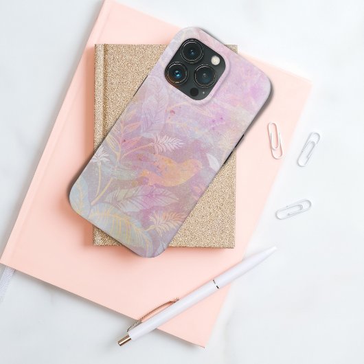 ピンクの水彩植物画に隠れた小鳥 Case-Mate iPhoneケース