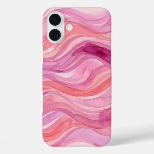 ピンクの水彩波パターン iPhone 16 PLUSケース