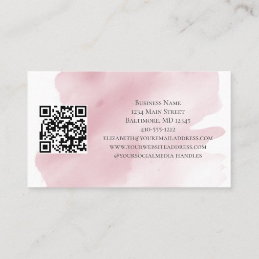 ピンクの水彩洗浄スプラッシュQRコードフェミニン 名刺 (裏面)
