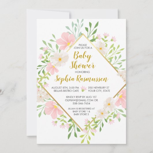 ピンクの水彩画によってはベビーシャワーの招待状が開花します 招待状 (正面)