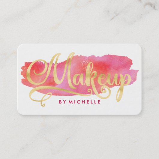 ピンクの水彩画のあと波のメーキャップアーティストカードの金ゴールド 名刺 (正面)