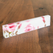ピンクの水彩画のばら色の花のbohoの開花 デスクネームプレート (側面)