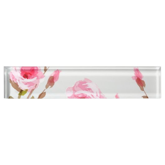 ピンクの水彩画のばら色の花のbohoの開花 デスクネームプレート (正面)