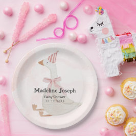 ピンクの水彩画のガチョウの女の子ベビーシャワー ペーパープレート
