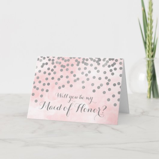 ピンクの水彩画のシルバーのドット メイドオブオナー招待状 招待状 (正面)