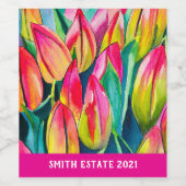 ピンクの水彩画のチューリップアート ワインラベル (シングルラベル)